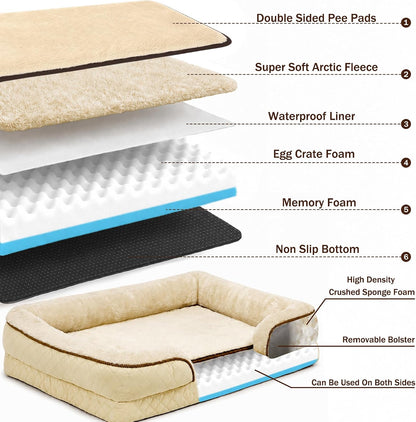 Large Dog Sofa Bed with Reusable Potty Pad - 44.5" X 33.5" X 6.7" Beige Dog Sofa with Soft Plush Surface, Raised Bolsters, Removable Bolster, and Non-Slip Bottom for Large Dogs - Xlarge3