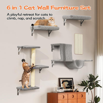 Cat Wall Shelves for Large Cats, Stable & Safe Kitty Walls Furniture Set for 40LBS Cats with Wooden Cat Climber,House, Bridge, Tree, Steps, and Scratcher for 16 Inch Drywall (Grey, 5-In-1)2