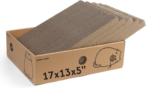 Primepets Cardboard Cat Scratcher Box XL, 5 Pack Pads, Indoor Cats Bed | 17X13X5 Size, Reversible Pads, Smart Hole Design, Catnip Included, Low Mess, Furniture Protection, Multi-Cat Friendly1
