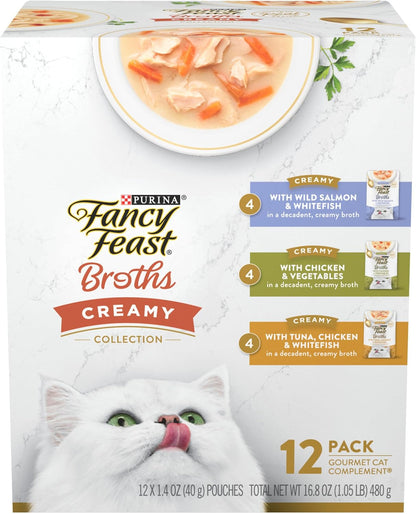 Fancy Feast Purina Grain Free Wet Cat Food Variety Pack, Broths Creamy Collection -12 1.4 Oz. Pouches1