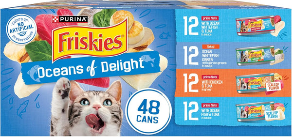 Purina Friskies Wet Cat Food Variety Pack, Oceans of Delight Flaked and Prime Filets - (Pack of 40) 5.5 Oz. Cans12