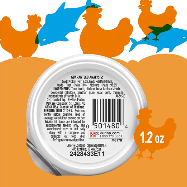 Purina Friskies Natural, Grain Free Wet Cat Food Lickable Cat Treats, Lil' Soups Flaked Chicken - (Pack of 8) 1.2 Oz. Tubs10