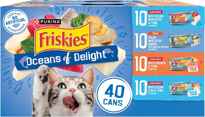 Purina Friskies Wet Cat Food Variety Pack, Oceans of Delight Flaked and Prime Filets - (Pack of 40) 5.5 Oz. Cans1