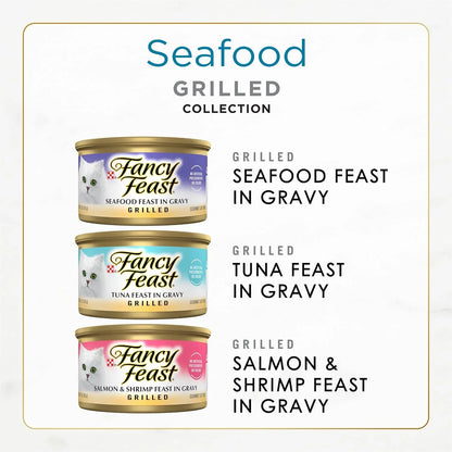Fancy Feast Grilled Seafood Collection wet cat food cans featuring seafood, tuna, and salmon & shrimp feasts in gravy3