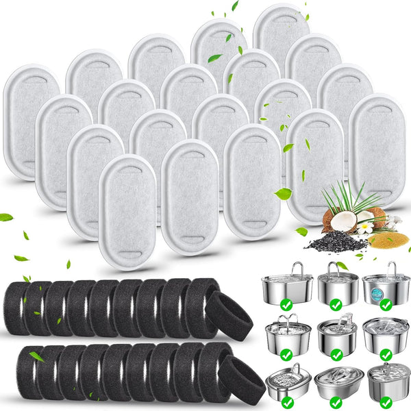 40 Pack Cat Water Fountain Filters-Cat Fountain Replacement Filters for Stainless Steel 108/3.2L& 67Oz/2L Adjustable Water Flow Pet Water Fountain(20 Pack Pet Water Filter Refills+20 Pack Sponges)1