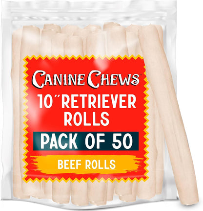 Canine Chews 10-11" Rawhide Bones for Large Dogs, Durable USA Beefhide Dog Rawhide Chews, Retriever Rolls 20 Pack (5 Lbs)12