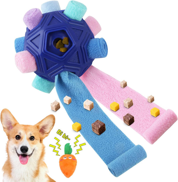 Dog Snuffle Ball-Interactive Puzzle Dog Toys Encourage Natural Foraging Skills Slow Feeder for Training and Stress Relief, Cloth Strip Hiding Food Dog Toys with Squeaky Carrot Toy for Any Size9
