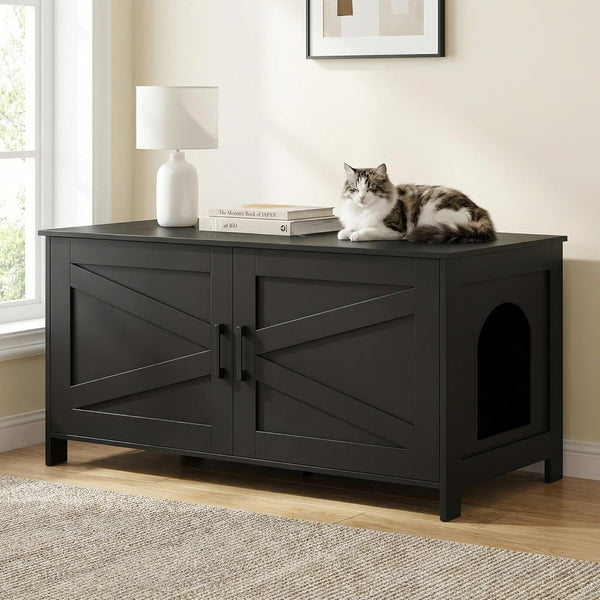 Homhedy 39.4" L Cat Litter Box Enclosure with Barn Door, Black | Wooden Cat Washroom Furniture, Cat House, Pet Storage Cabinet, Dog-Proof, Fit Most of Litter Box, Farmhouse Style8