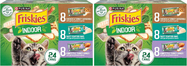 Purina Friskies Indoor Cat Food 24Ct VP - (Chicken and Turkey Casserole, Saucy Seafood Bake, Homestyle Turkey Dinner) - (Pack of 24) 5.5 Oz. Cans13
