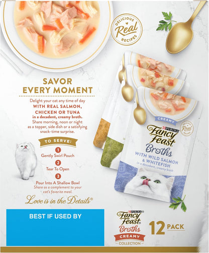 Fancy Feast Purina Grain Free Wet Cat Food Variety Pack, Broths Creamy Collection -12 1.4 Oz. Pouches8