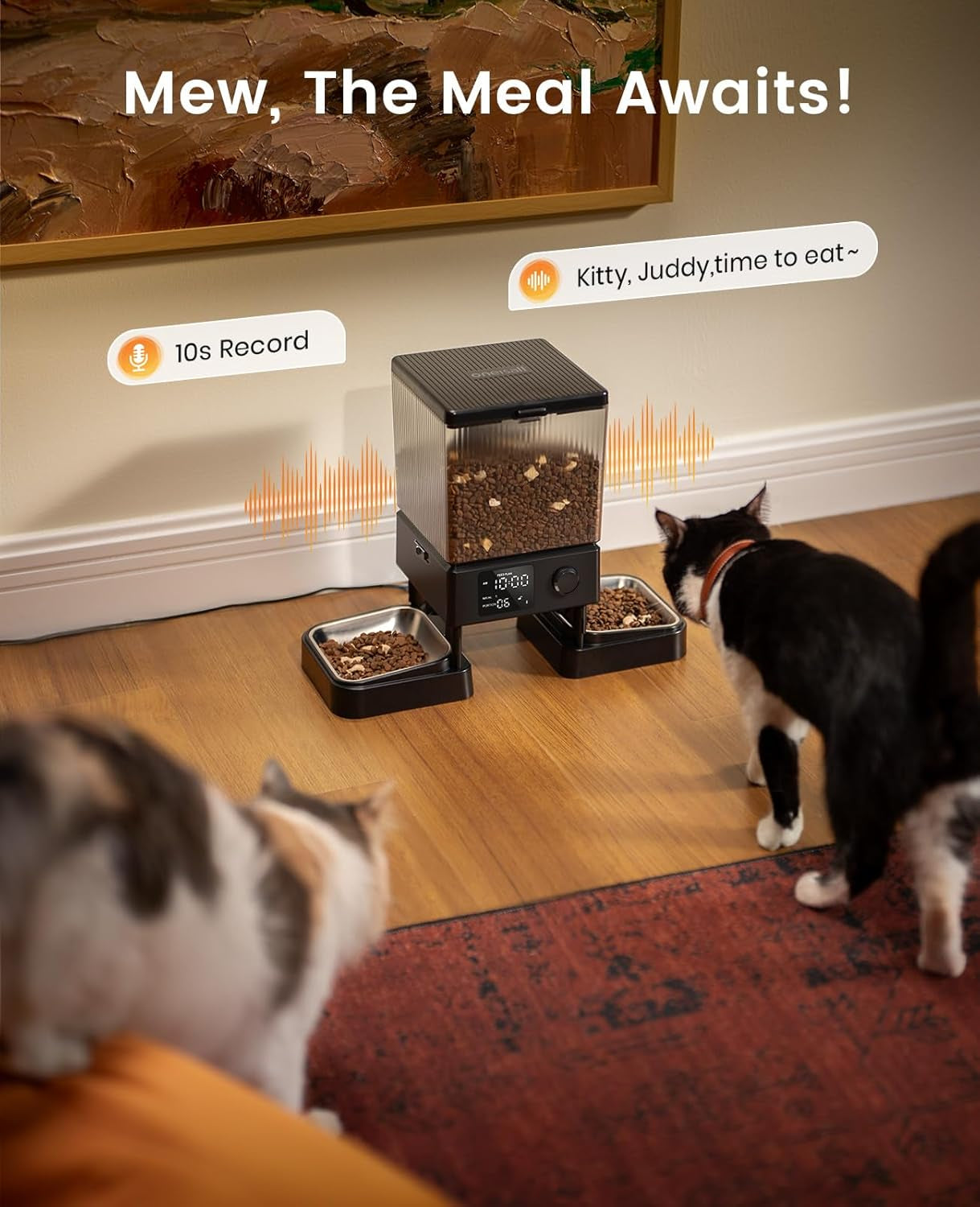 oneisall-automatic-cat-feeder-for-2-cats-pets-timed-cat-food-dispenser-20-cups-5l-prevent-fighting-precise-portion-balanced-dispense-non-slip-stable-voice-recorder-stainless-steel-bowls