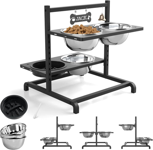 Elevated Dog Bowls with Slow Feeder for Large Dogs – Adjustable Raised Stand with 2 Stainless Steel Bowls & Spill-Proof Mat, Non-Slip Dog Feeder for Large & Medium Dogs (Black)10