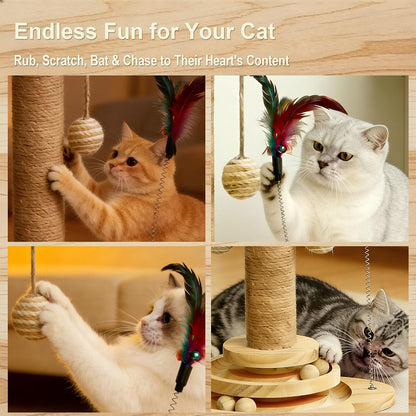 Wooden Cat Scratching Post, 4 in 1 Cat Scratcher Kitten Toys | 17.7" Tall Sisal Post for Indoor Cat with Two-Laye Wooden Ball Track, Ideal for Small Medium Cat3