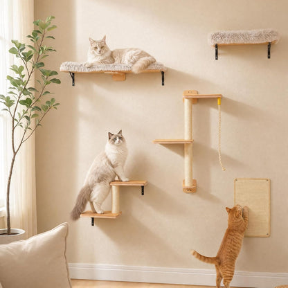 PAWZ Road Cat Wall Shelves, Modern Cat Wall Furniture with Sisal Posts | 5-In-1 Wall Mounted Cat Tree ,Wood Cat Shelves with Long Perch,Cat Wall Climber Holds up to 40Lbs for Large Indoor Cats1