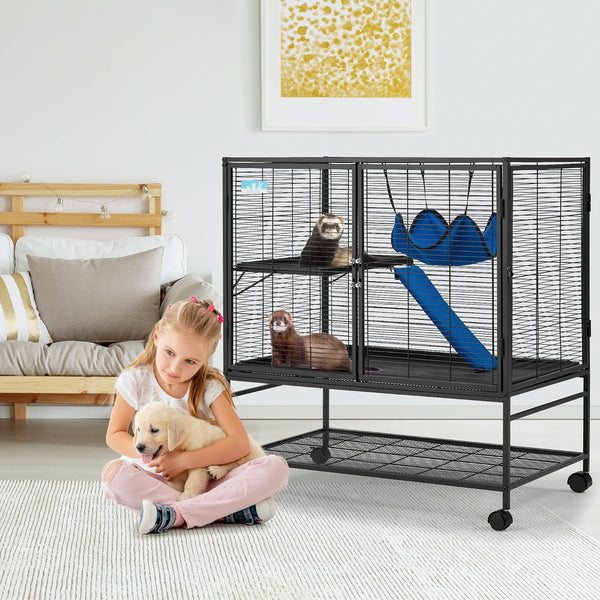 HABUTWAY 40''H Large Metal Rolling Ferrets Cage, 2-Tiers Small Animal Cages, Cage for Rats/Chinchillas, 0.5'' Bar Spacing for Ferret,Small Animal Cage W/Removable Ramp & Platform2