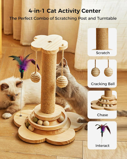 Cat Scratching Post for Kittens, 4 in 1 Wooden Cat Scratcher Toy, 17.7" Tall Scratch Post with 2 Level Cat Track Balls, Interactive Feather Toy and 2 Sisal Hanging Balls for Indoor Kittens2