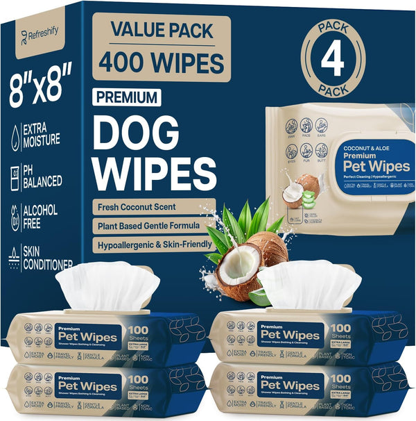 REFRESHIFY Dog Wipes for Paws and Butt - Coconut Scented (Pack of 400) - Pet Wipes for Dogs and Cats - Deodorizing Non Toxic Dog Wipes, +12 Additional Travel Wipes1