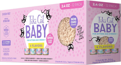 Tiki Cat Baby Wet Cat Food for Kittens, Shreds Variety Pack 2.4 Oz. Cans (12 Count)1
