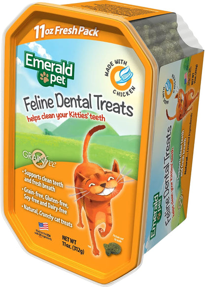 Emerald Pet Grain-Free Cat Dental Treats with Chicken – Crunchy Natural Dental Treats for Cats to Clean Teeth, Freshen Breath, and Reduce Plaque & Tartar – 11 Oz Tub1