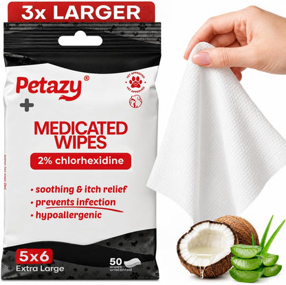 Petazy 2% Chlorhexidine Wipes for Dogs 3X Larger | Yeast Infection Ringworm Fungus Hot Spot Itch Relief | Medicated Antibacterial Antifungal Gentle Soothing Topical Wipes for Dog Cat | 50 Wipes 5X61