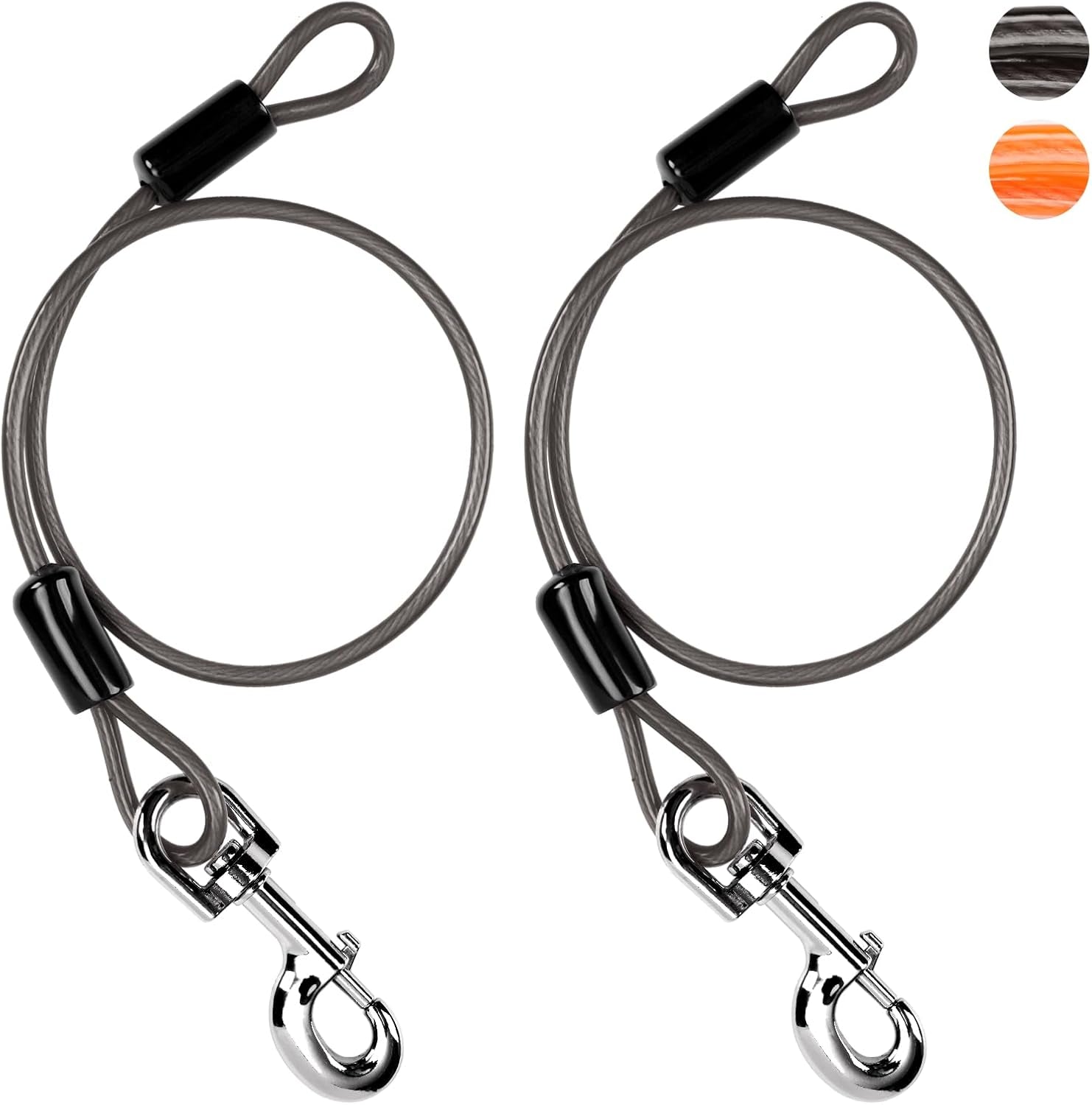 chew-resistant-dog-leash-extender-24in-2pack-black-5mm-steel-wire-360-swivel-clips-extra-reach-pair-both-for-two-dogs