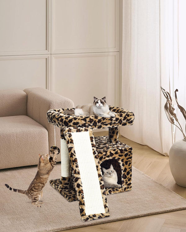 Small Leopard Print Cat Tree for Indoor Cats | Short Tower with Scratching Post, Ramp Pad, Condo with Perch Bed, Kittens Play House, Hanging Plush Ball & Cave for Resting (Leopard Print)6