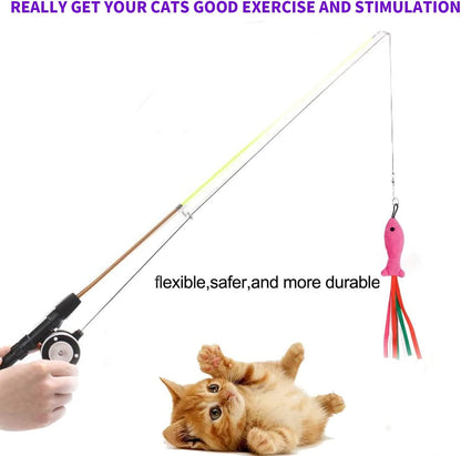 Retractable Cat Teaser Wand Toy, Cat Toys for Indoor Outdoor Cats Interactive Fishing Rod with 8 Pcs Refills Feather Toy, Plush Mouse Caterpillar & Fish6