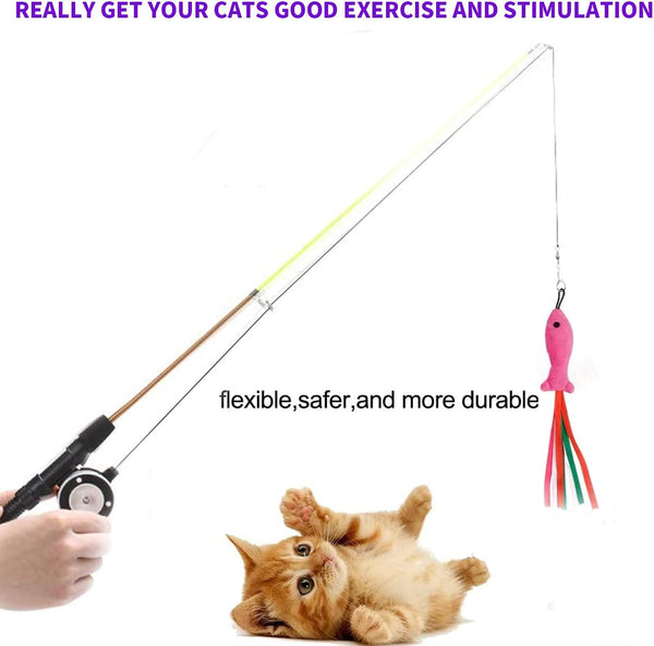 Retractable Cat Teaser Wand Toy, Cat Toys for Indoor Outdoor Cats Interactive Fishing Rod with 8 Pcs Refills Feather Toy, Plush Mouse Caterpillar & Fish6
