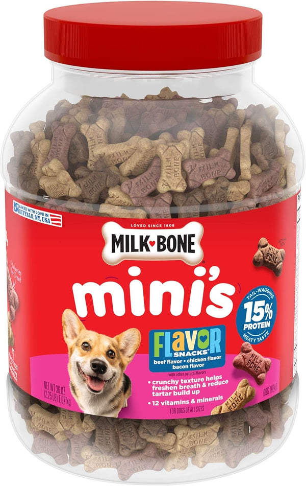 Milk-Bone Flavor Snacks Mini’S Dog Biscuits, Flavored Crunchy Dog Treats, 36 Oz. Canister | 5 Calories per Treat, 15% Protein, 3 Flavors per Canister (Beef, Chicken & Bacon, Naturally & Artificially Flavored)9