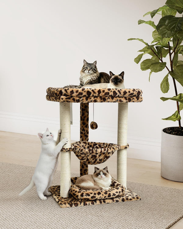 SYANDLVY Leopard Print Small Cat Tree with Top Perch, Hammock & Bottom Bed | 3 Level, Natural Sisal Scratching Post Tower with Hanging Bell Ball and Anti-Tip Strap, Stable Indoor Cat Furniture2