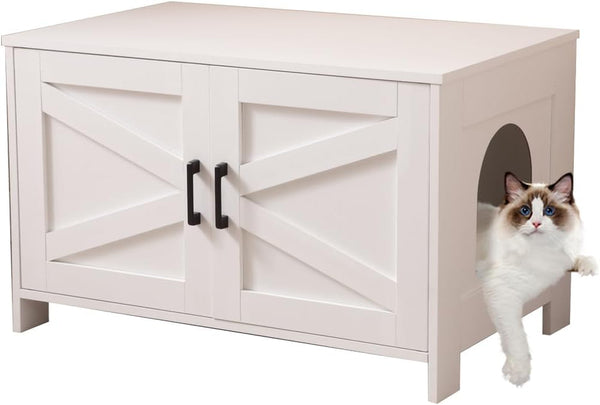 Cat Litter Box Enclosure with Barn Door Wooden Cat Washroom Furniture Litter Box Furniture Hidden End Side Table Pet House Multi Functional Double Cabinet Doors for Bedroom Living White1