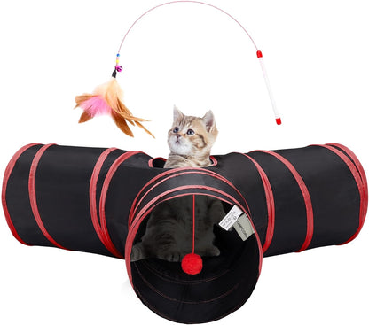 Tempcore Pet Cat Tunnel Tube Toys 3 Way Collapsible, Tunnels for Indoor Cats, Interactive Tube with Teaser Wand, Peek Holes & Hanging Ball, Black & Blue30