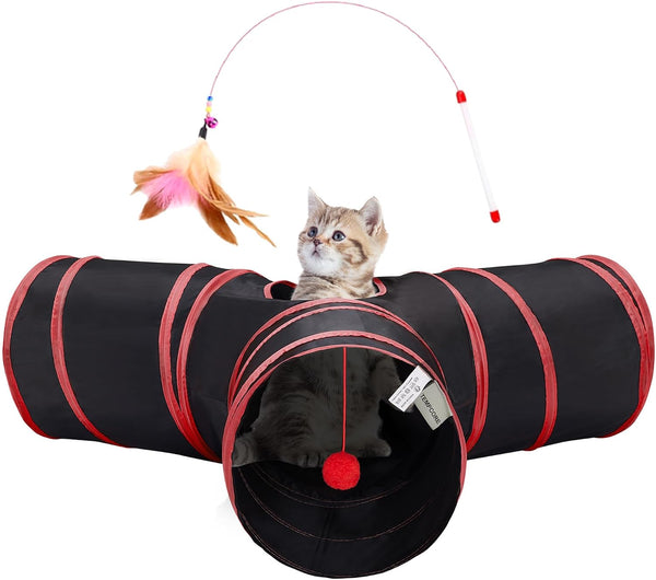 Tempcore Pet Cat Tunnel Tube Toys 3 Way Collapsible, Tunnels for Indoor Cats, Interactive Tube with Teaser Wand, Peek Holes & Hanging Ball, Black & Blue30