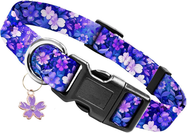 Kazazoo Dog Collar Cute and Soft Nylon Puppy Collar Girl Dogs, Adjustable Purple Dog Collars for Medium Dogs, Purple Flowers-M1