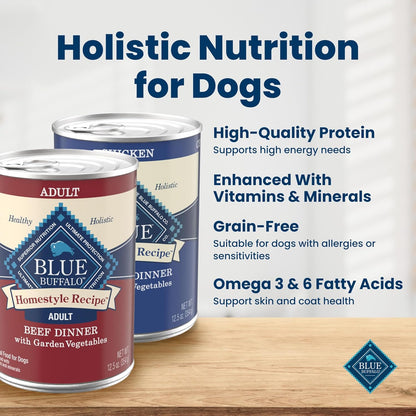 Blue Buffalo Homestyle Recipe Wet Dog Food Paté Variety Pack, Chicken Dinner & Beef Dinner with Garden Vegetables, Made with Natural Ingredients, 12.5-Oz. Can (6 Count, 3 of Each)3