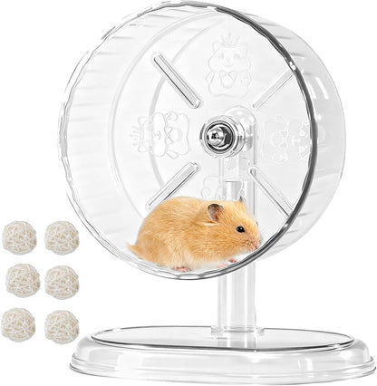 Silent Hamster Exercise Wheel,9.5 Inch Quiet Spinner Syrian Hamster Running Wheel,Silent Wheels with Anti-Skid & Adjustable Stand for Gerbils, Rats, or Other Small Pets,Transparent10