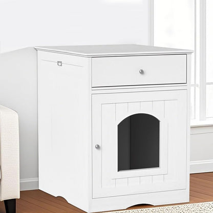 Large Wood House for Cats Litter Box Enclosure Furniture Hidde Out Box with Cabinet Drawer Indoor Pet House Side Table Wooden Crate (White)4