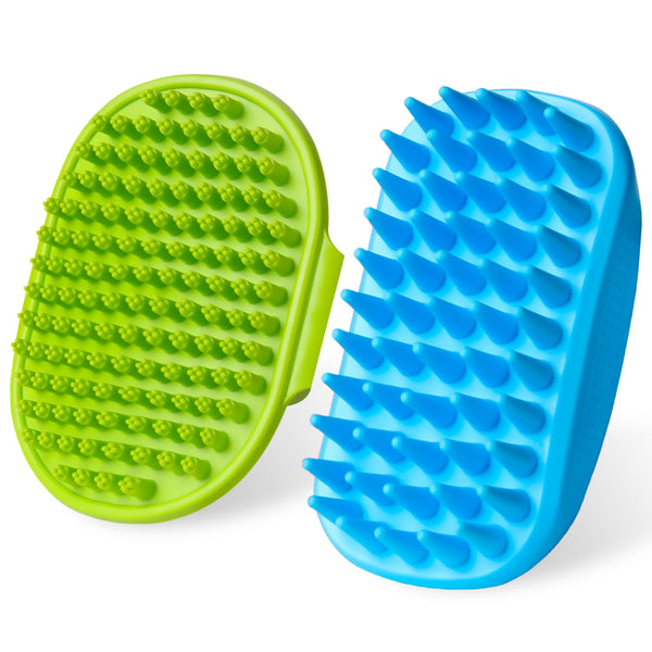 2PCS Dog Bath Brush Set | Adjustable Handle Dog Scrubber for Shampooing, Deshedding & Massaging, Suitable for Pets | Curry Comb & Shampo Brush for Dogs Cats and Horses (Green Blue)1
