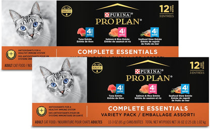 Purina Pro Plan High Protein Wet Cat Food Variety Pack, Complete Essentials Seafood Favorites - (2 Packs of 12) 3 Oz. Cans4