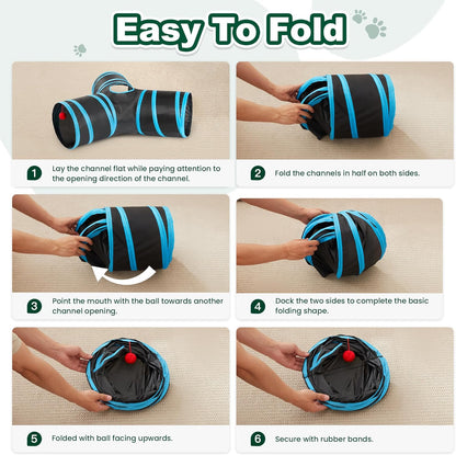 Love’S Cabin Cat Tunnel for Indoor Cats, 3-Way Collapsible Play Tunnel with Teaser Wand, Peek Holes & Toy Ball, Small Pet Toy for Kittens & Rabbits, Black & Blue, Small Size9