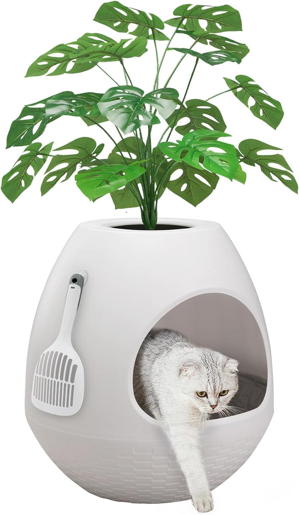 Eggloa6 Hidden Cat Litter Box with Artificial Plants ＆ Odor Removal System, Egg-Shaped Enclosure Includes Scoop ＆3PCS Liners Secret, Discreet Furniture, DIY Assembly Cat Litter Box Cabinet (Brown)14