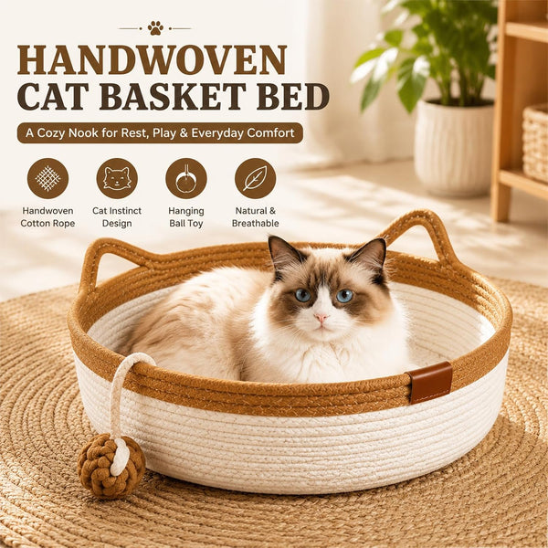 Handwoven Cat Basket Bed, Cotton Rope round Cat Scratcher Bed with Cats Ear Handles, Breathable Boho Nesting Pet Bed for Kittens and Indoor Cats (Color D,Small)2