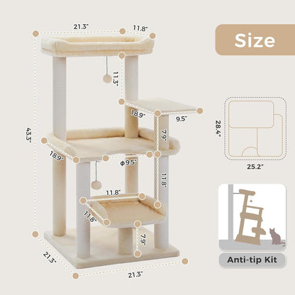 43.3" Cat Tree for Indoor Cats Large Adult, Multi-Level Cat Tower | Cat Tree Tower with Spacious Top Perch, Large Cat Bed, Scratching Posts and Pompom Balls for Fun5
