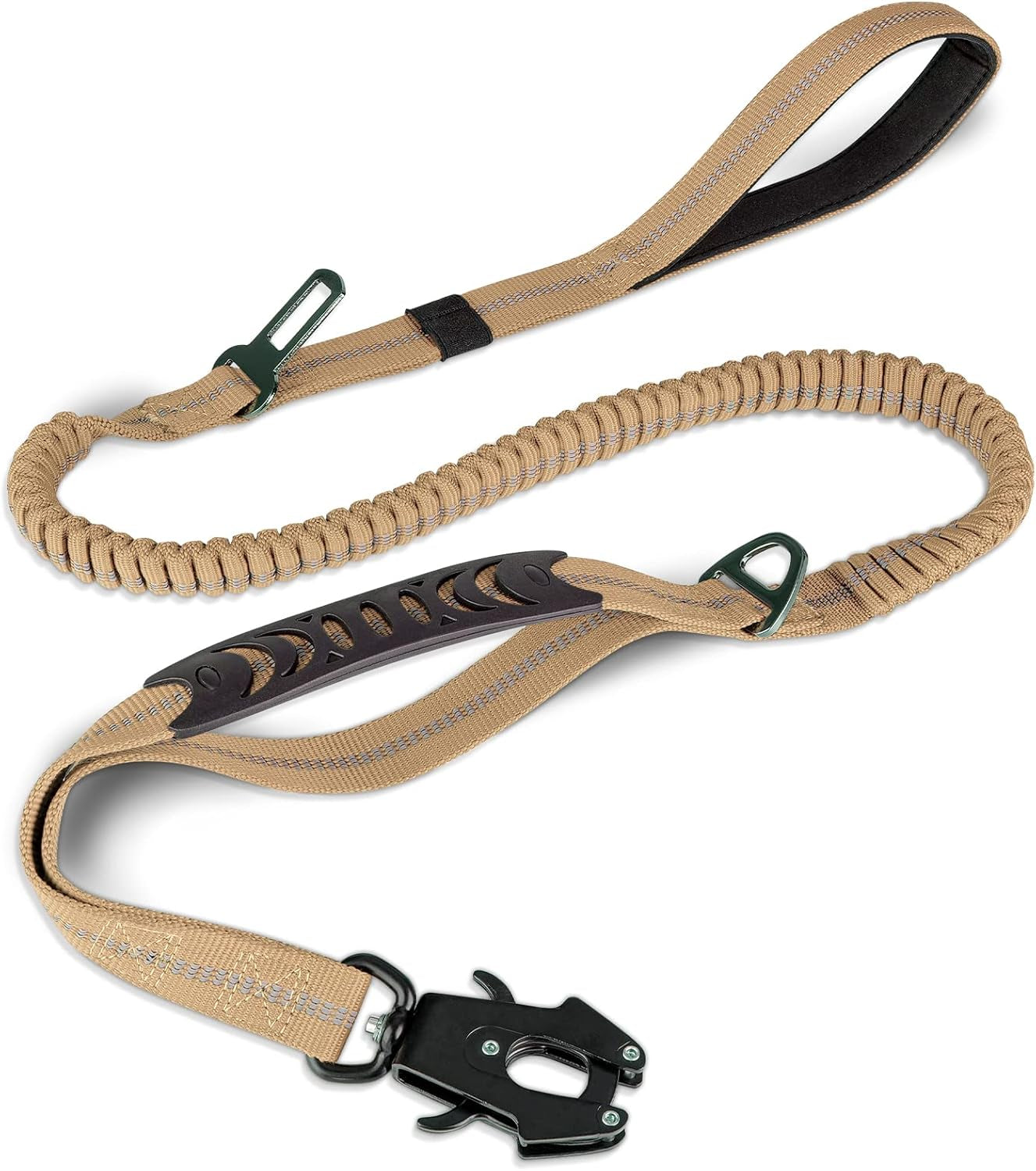 joytale-tactical-bungee-dog-leash-shock-absorbing-no-pull-coyote-brown-for-large-dogs-that-pull-2-padded-handles-for-control-car-seatbelt-clip-reflective-for-night-safety-metal-frog-clip