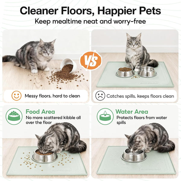 22X19 Pet Feeding Mat Waterproof Nonslip Cats and Dogs Water Bowl Mat | Silicone 0.59" Raised Edges Contain Food & Water Spills, Easy to Clean, Bpa-Free, Reinforced to Resist Collapse,Light Green8