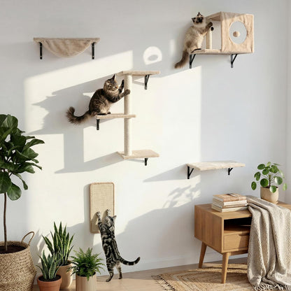 Cat Wall Shelves, Cat Wall Mounted Furniture, Climbing Wall Systems with Perches, Scratchers and Condo, Kitten Indoor Jungle Gym Set of 5 (Grey)8