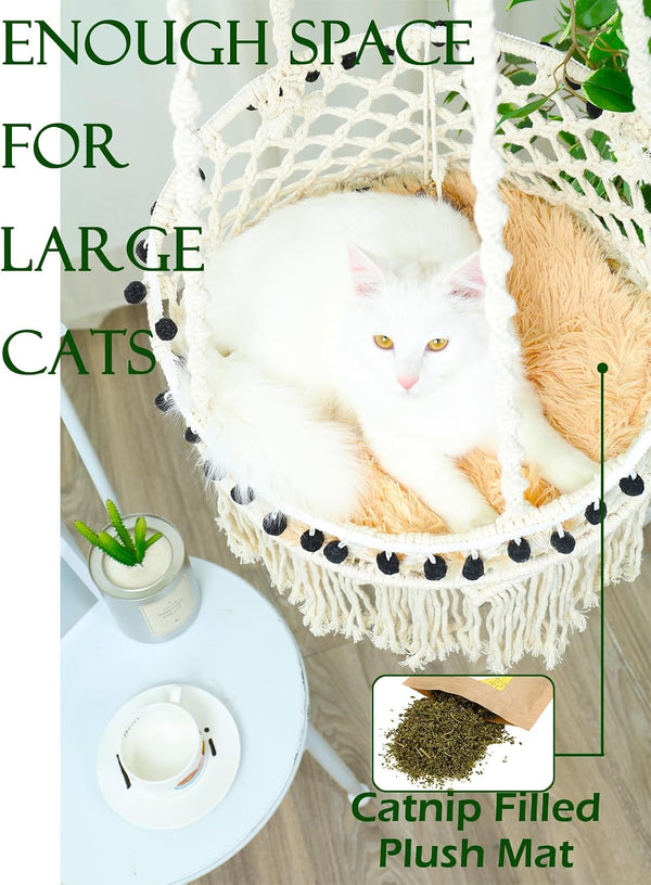 KARCEEY Macrame Cat Hammock - Hanging Cat Bed for Wall & Window - Boho Swing with Full Hardware Kit & Nip Toy - Stable Heavy Duty Design for Large & Senior Felines up to 60Lbs4