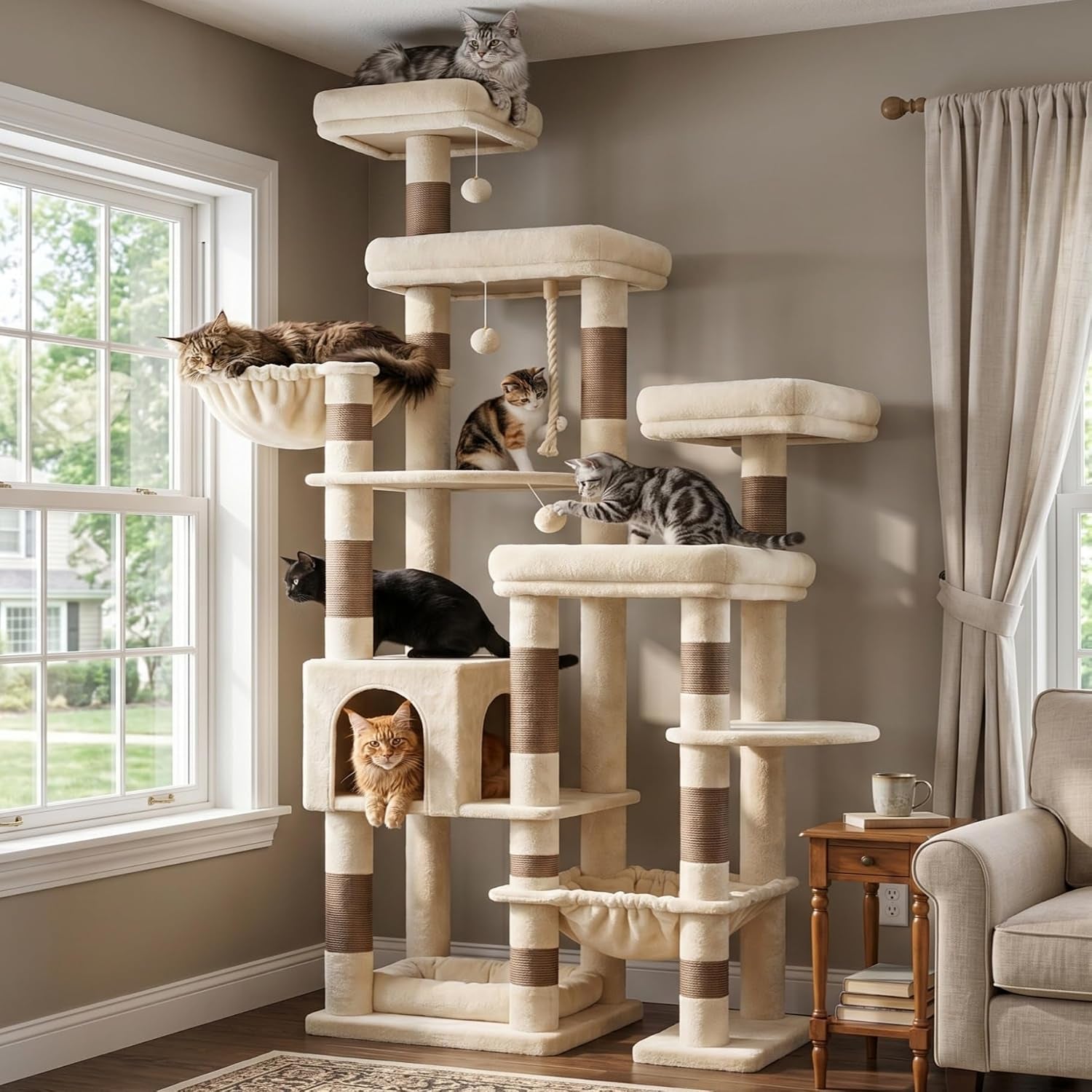 hey-brother-cat-tree-tower-wide-base-5-platforms-for-multi-cats-mpj074mj-72-8-inches-tall-furniture-5-plush-beds-large-condo-big-hammocks-sisal-scratching-posts-for-indoor-adult-cat-beige-brown