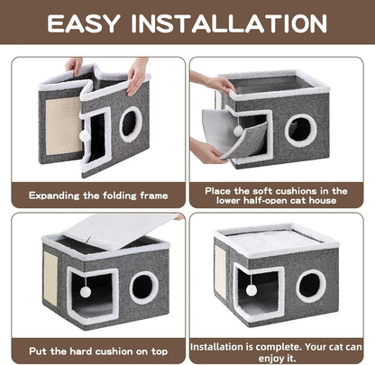 Large Cat Houses for Indoor Cats with Fluffy Ball and Scratch Pad | Foldable Cat Bed Cave for Multiple Pets, Kitten Bed for All Seasons, Non-Slip, Hold up to 30LBS, 16X16X13Inch, Grey6