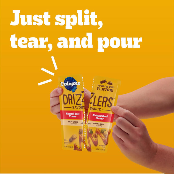 Pedigree Drizzlers Savory Sauce Wet Dog Pouch, Multipack, 16 Count, 2-Pack | Chicken & Beef Flavors, 4 Calories per Serving, 8 Ingredients, Dual-Serving Split Pouch, Maintains Kibble Crunch4